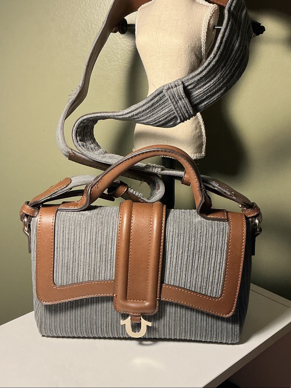 True Religion Gray Ribbed Crossbody Satchel Nag with Brown Trim NWOT